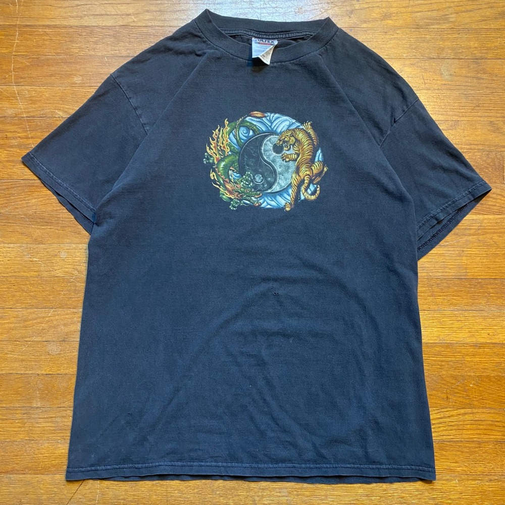 Vintage Yin Yang Dragon Tiger Graphic T-Shirt Black Large 90s Tultex Mens Tee